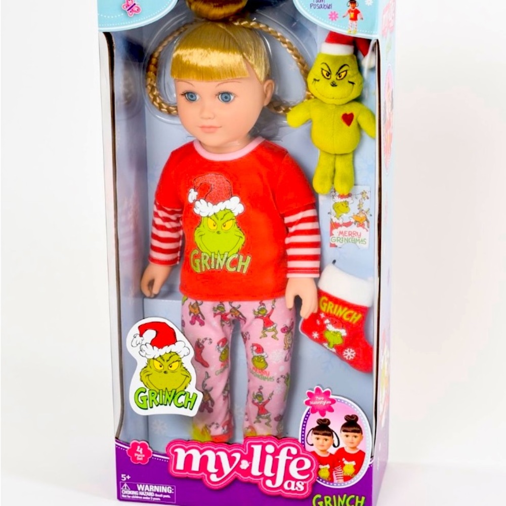 My Life As Grinch, 18" doll with blonde hair and blue eyes